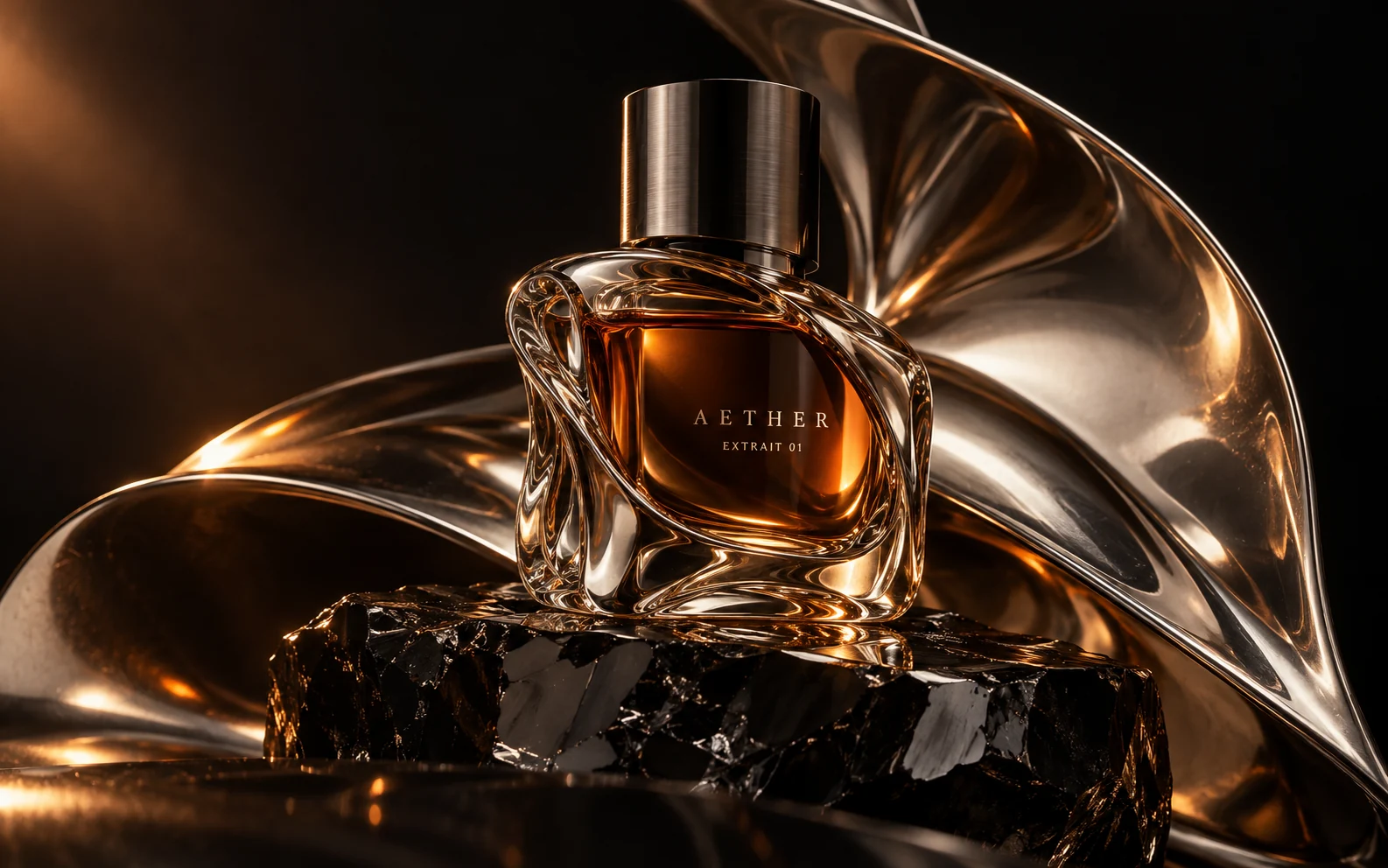 AETHER 香氛瓶與液態金屬構成的品牌視覺